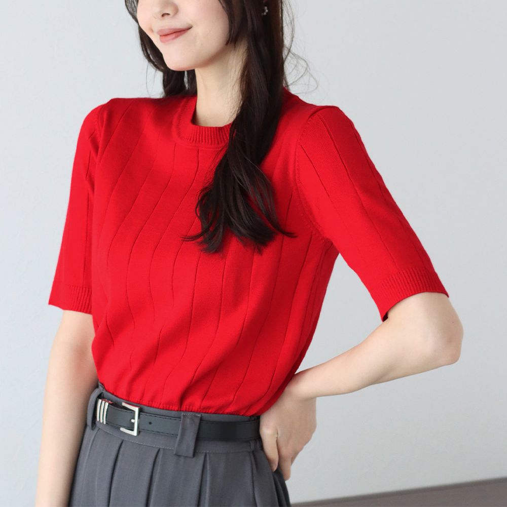 羅紋彈性薄針織五分袖上衣-復古紅