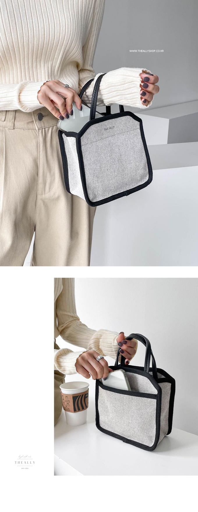 韓國 THEALLY - 質挺帆布方包手提/肩背包-黑 (迷你)