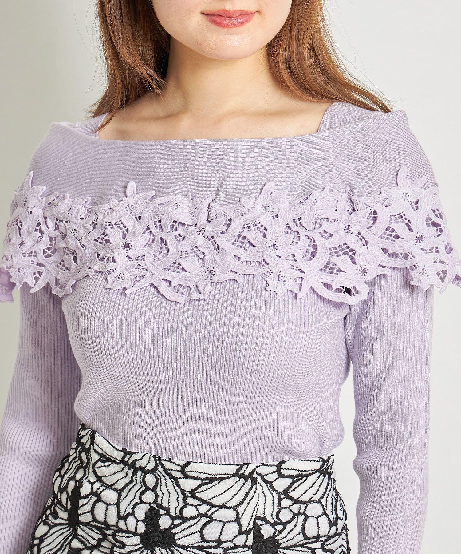 日本 tocco-closet - 氣質蕾絲拼接針織上衣-天使白