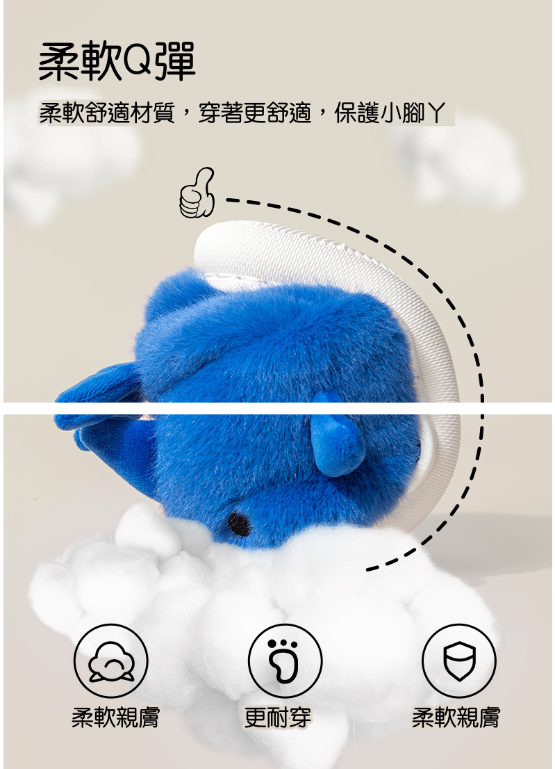 (兒童)立體造型毛絨暖暖室內拖鞋-鯊魚-藍色