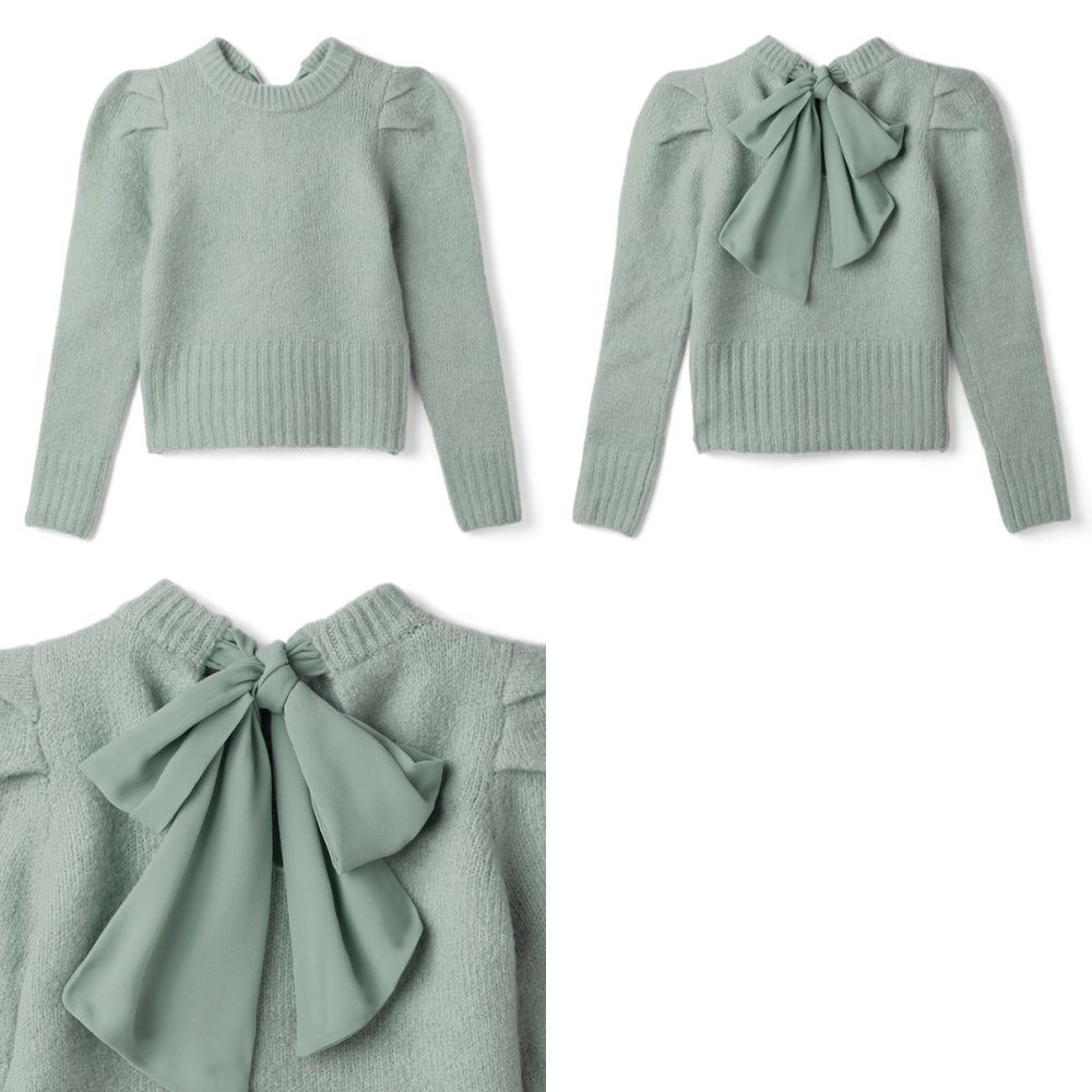 日本 GRL - 浪漫抓皺後蝴蝶結針織上衣-綠