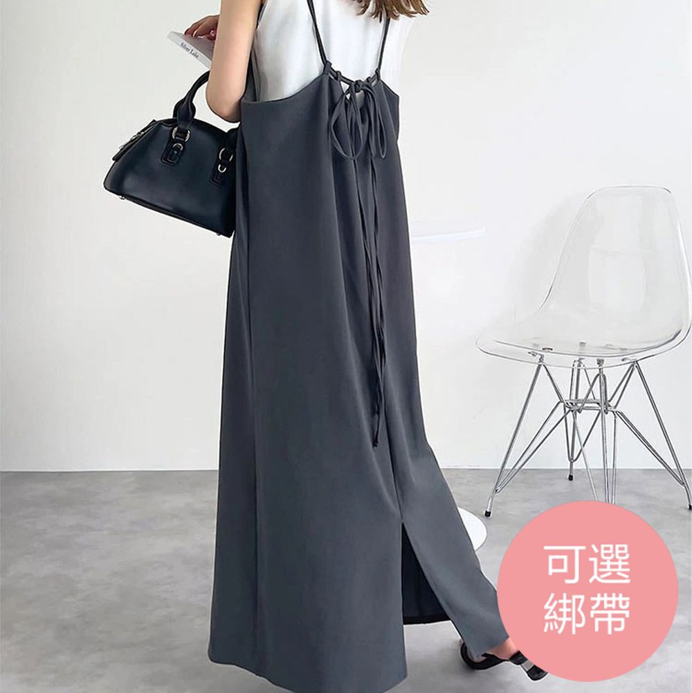 [店員推薦] 百搭V領日系吊帶裙-(可選綁帶)-炭灰