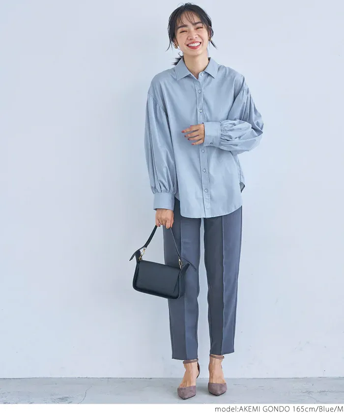 日本 COCA - 翻領寬鬆氣球袖襯衫-米杏