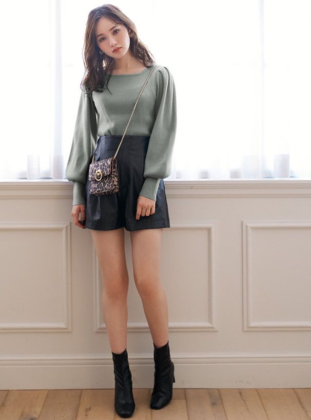 日本 GRL - 方領直羅紋氣球袖針織上衣-玫瑰粉