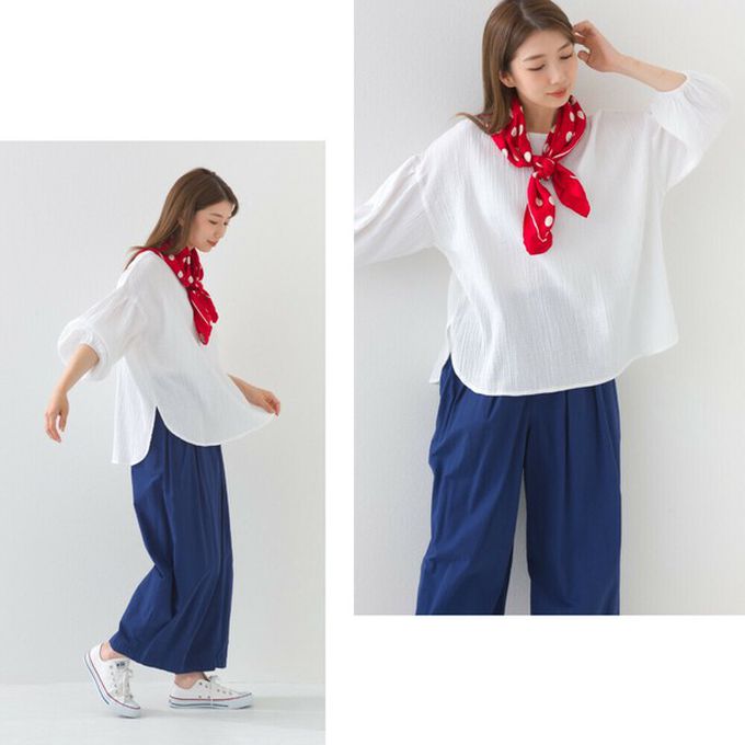 日本 OMNES - 100%印度棉 簡潔二重紗澎袖上衣-深藍格紋