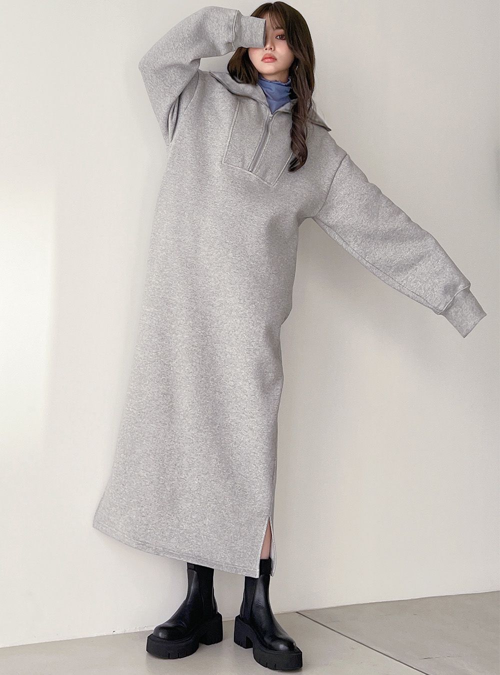 日本 GRL - 帥氣拉鍊翻領針織洋裝-可可