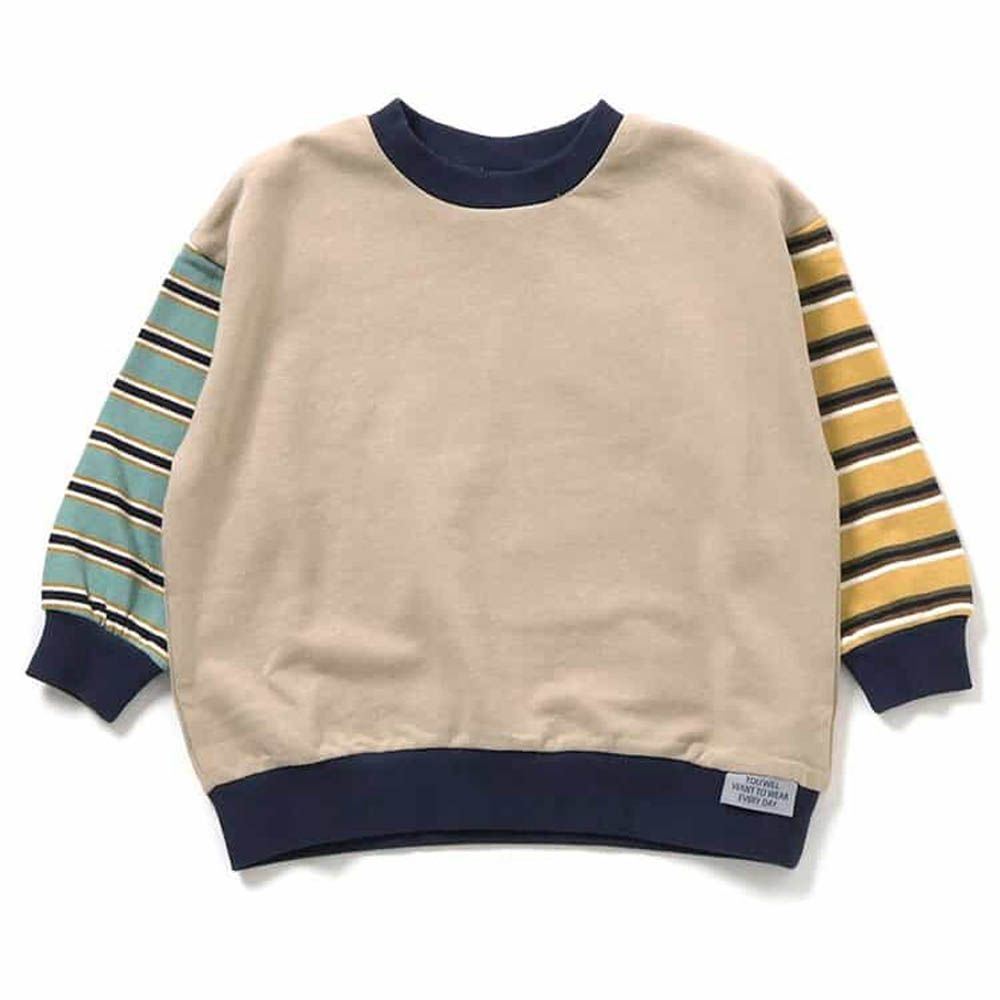 100%棉 落肩寬鬆縮口長袖上衣-素面X條紋袖-米杏