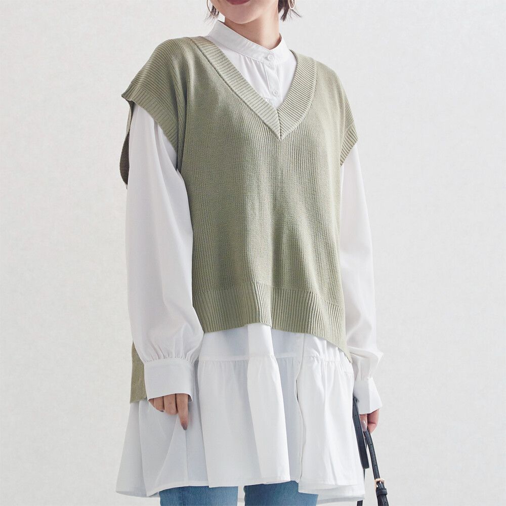 日本女裝代購 - 後綁帶V領落肩針織背心-橄欖綠