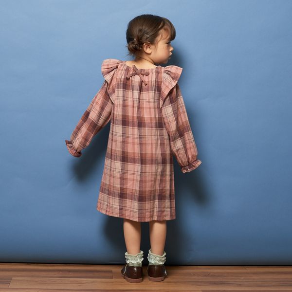 日本 Lycee mine - 法蘭絨浪漫細節長袖洋裝-卡其格紋