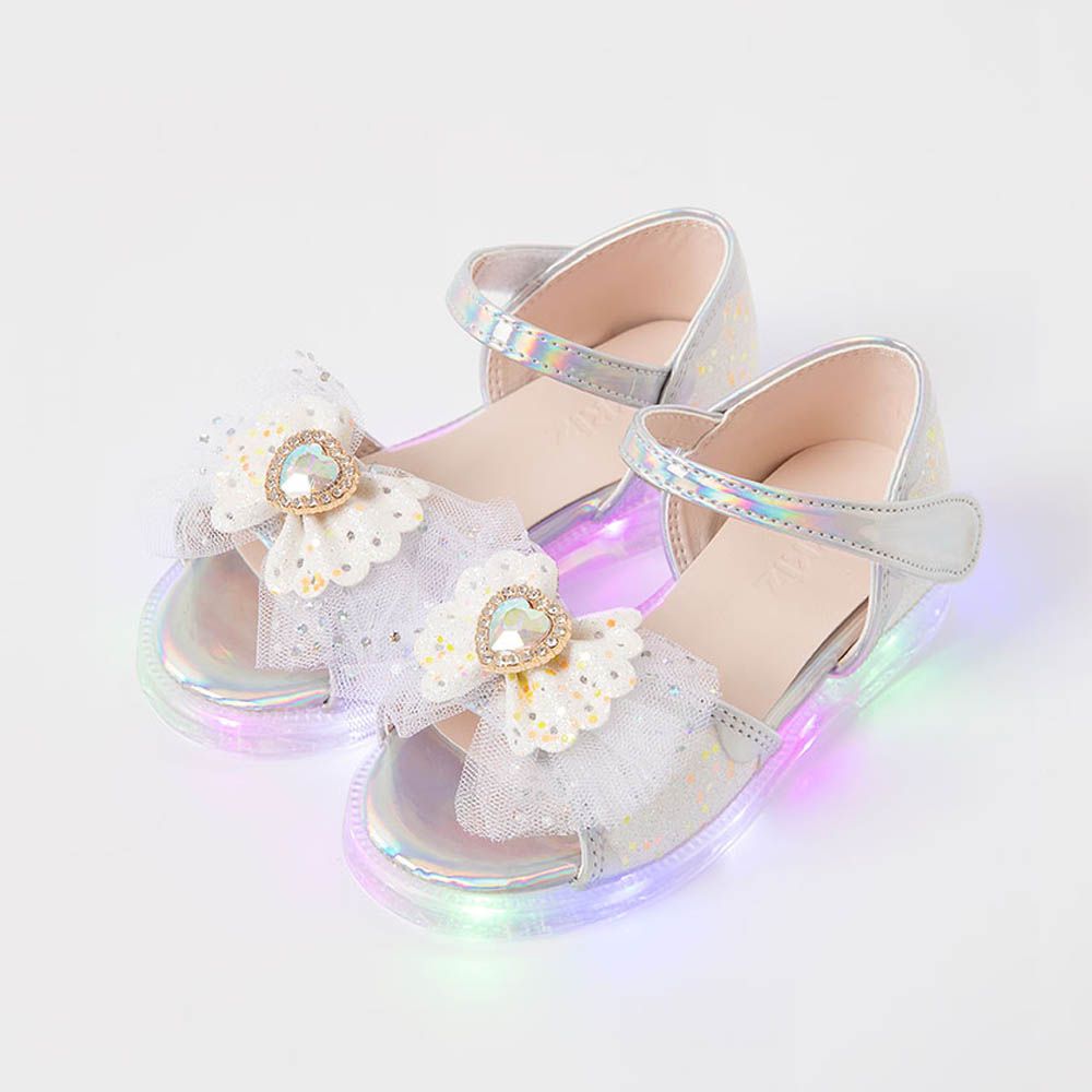 (LED)愛心寶石網紗蝴蝶結公主涼鞋-銀白