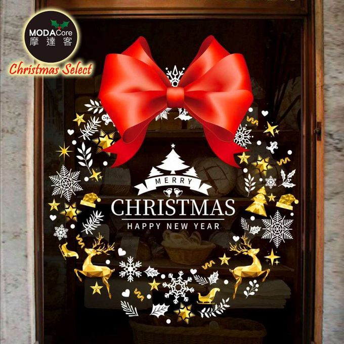 MODACore 摩達客 - 摩達客耶誕-5號紅色蝴蝶結麋鹿聖誕花圈-靜電玻璃貼