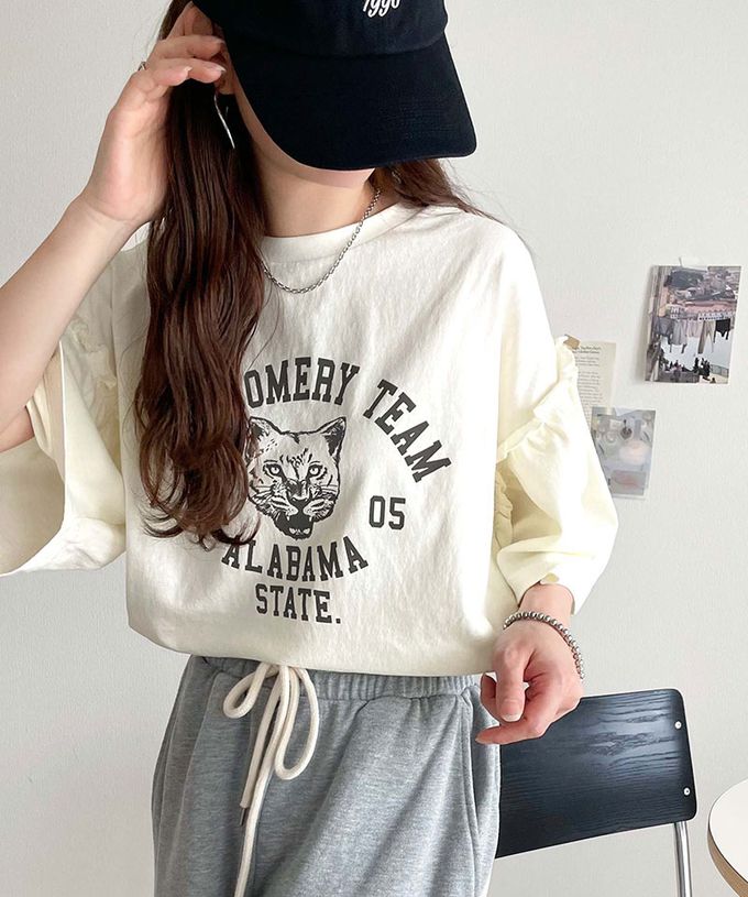 日本 Classical Elf - 貓科酷印花寬大荷葉五分袖上衣-靛藍