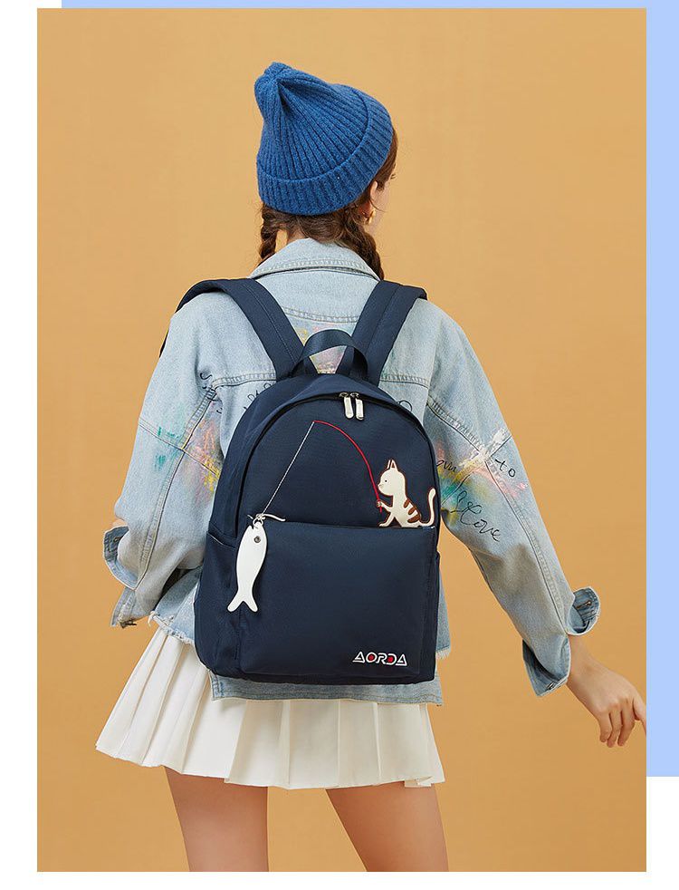 簡約休閒書包-貓咪釣魚-藍色