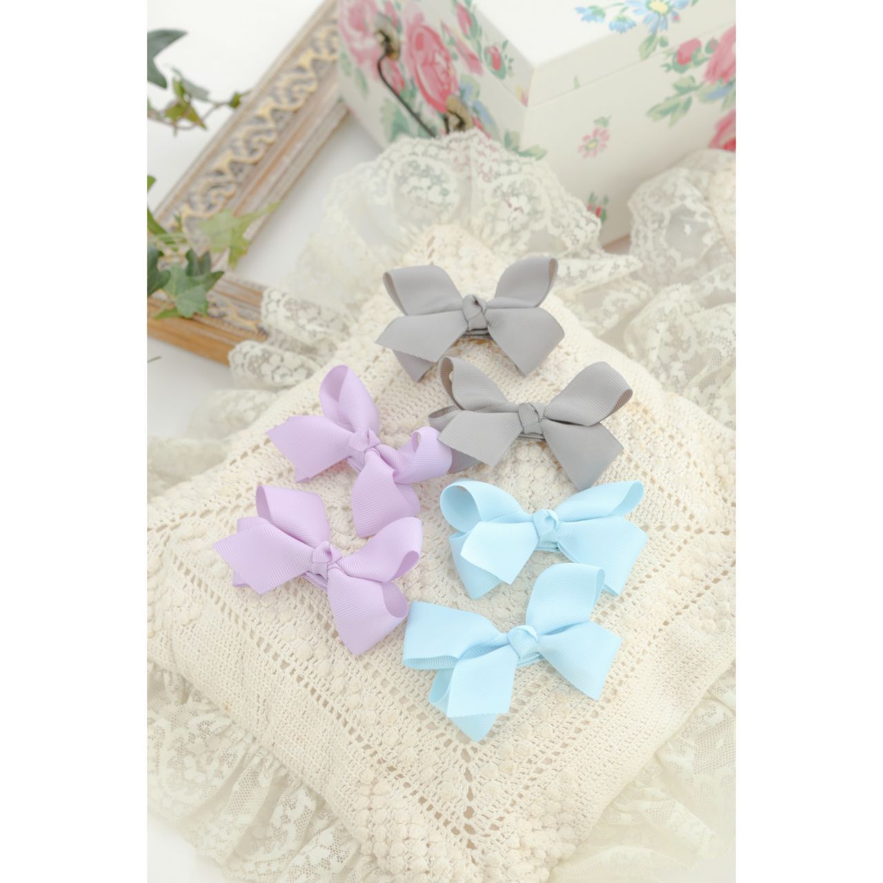 日本 Catherine Cottage - 浪漫蝴蝶結三種配色髮夾(6入組)-灰x紫羅蘭x水藍