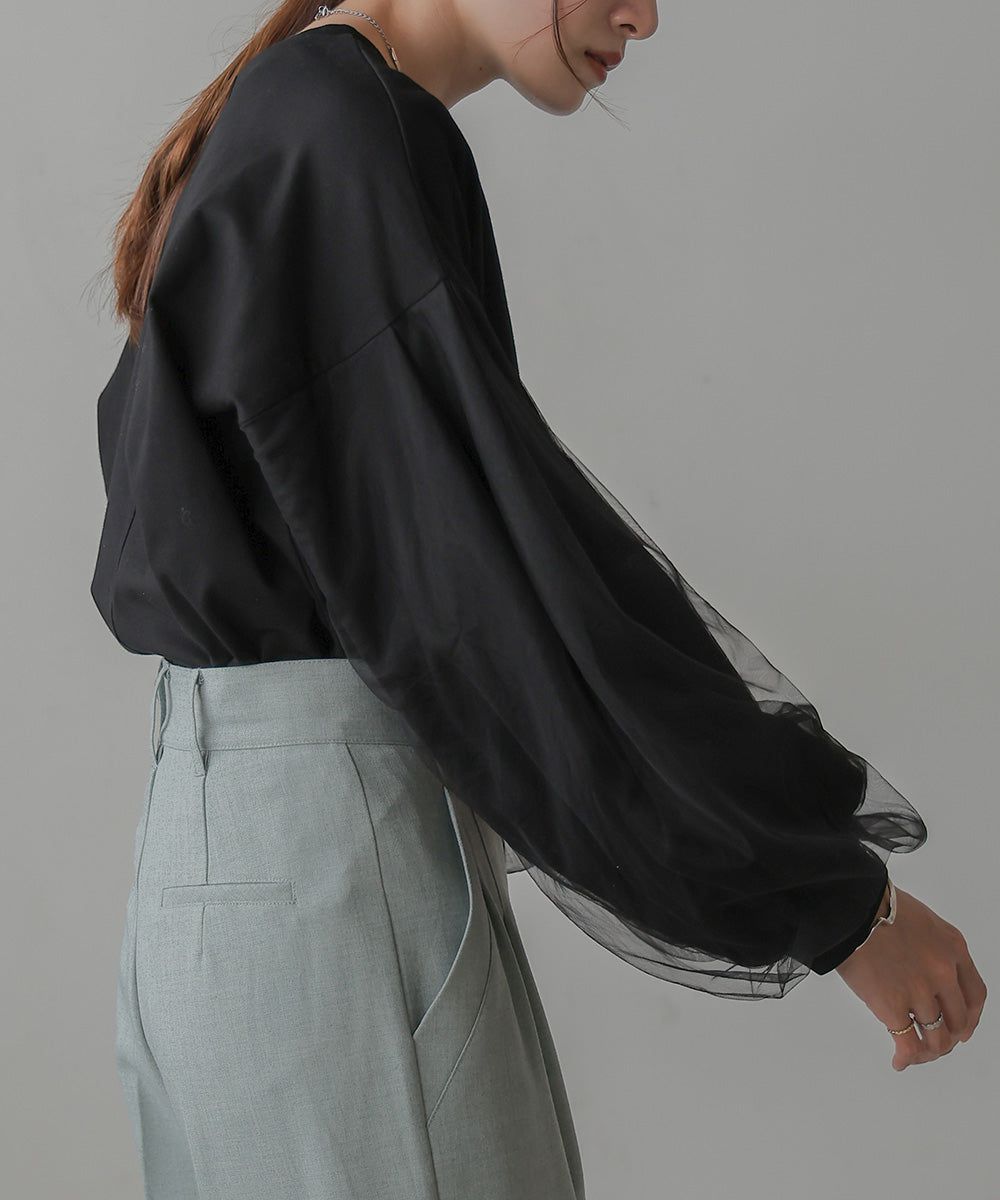 日本 Bab - 優雅拼接薄紗長袖上衣-深灰