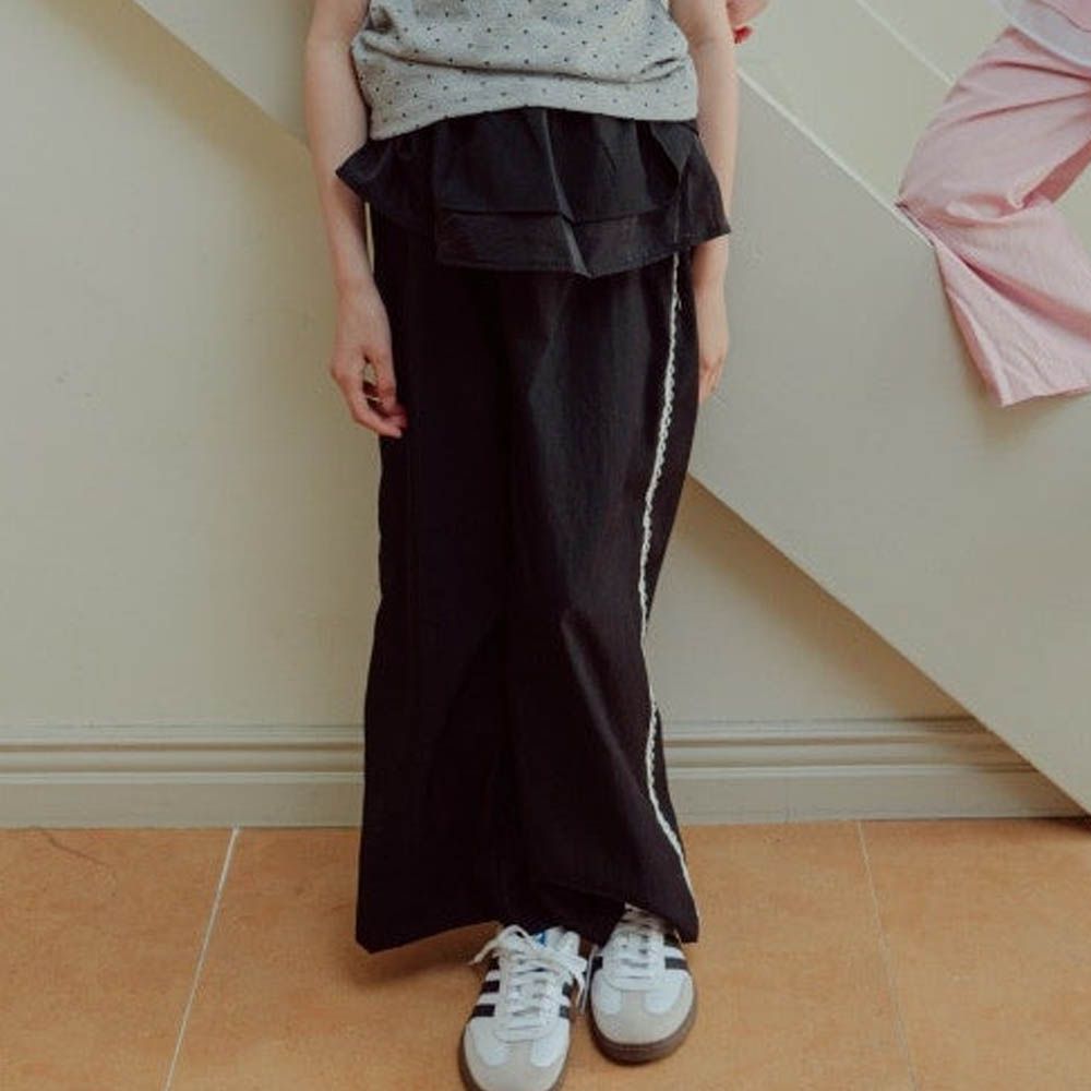 鬆緊腰裝飾裙寬鬆長褲-黑