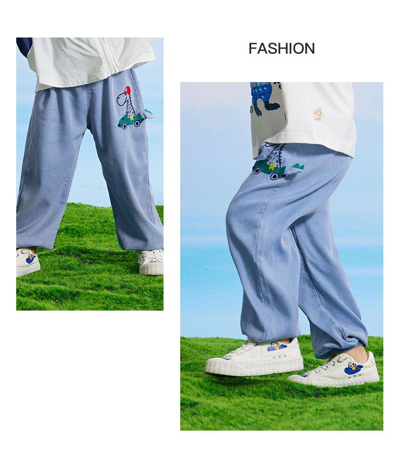 百搭牛仔束口長褲/防蚊褲-恐龍開車-牛仔藍