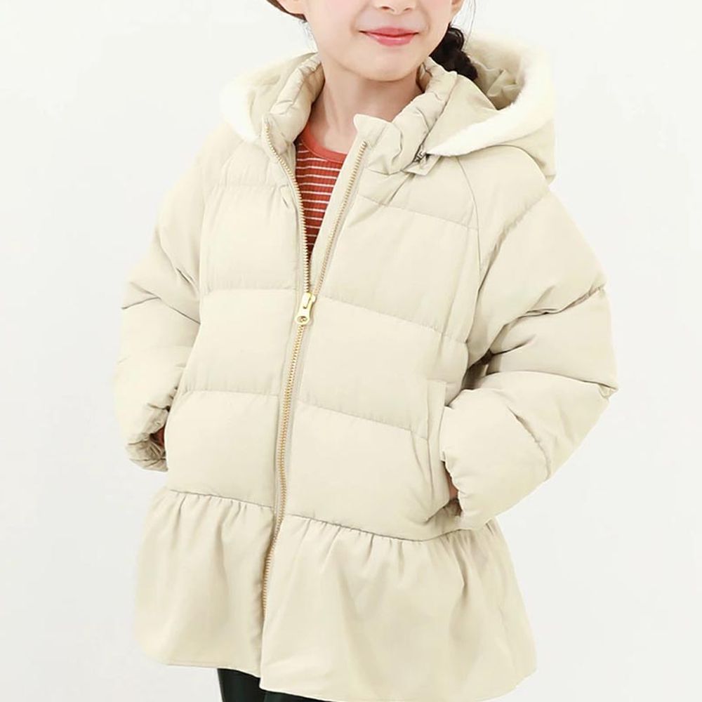甜美下擺輕暖纖維羽絨外套(毛帽可拆)-象牙白