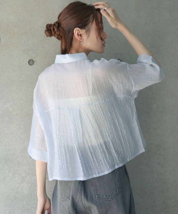 日本 Bab - 透膚感清爽短版五分袖襯衫-卡其棕 (M)