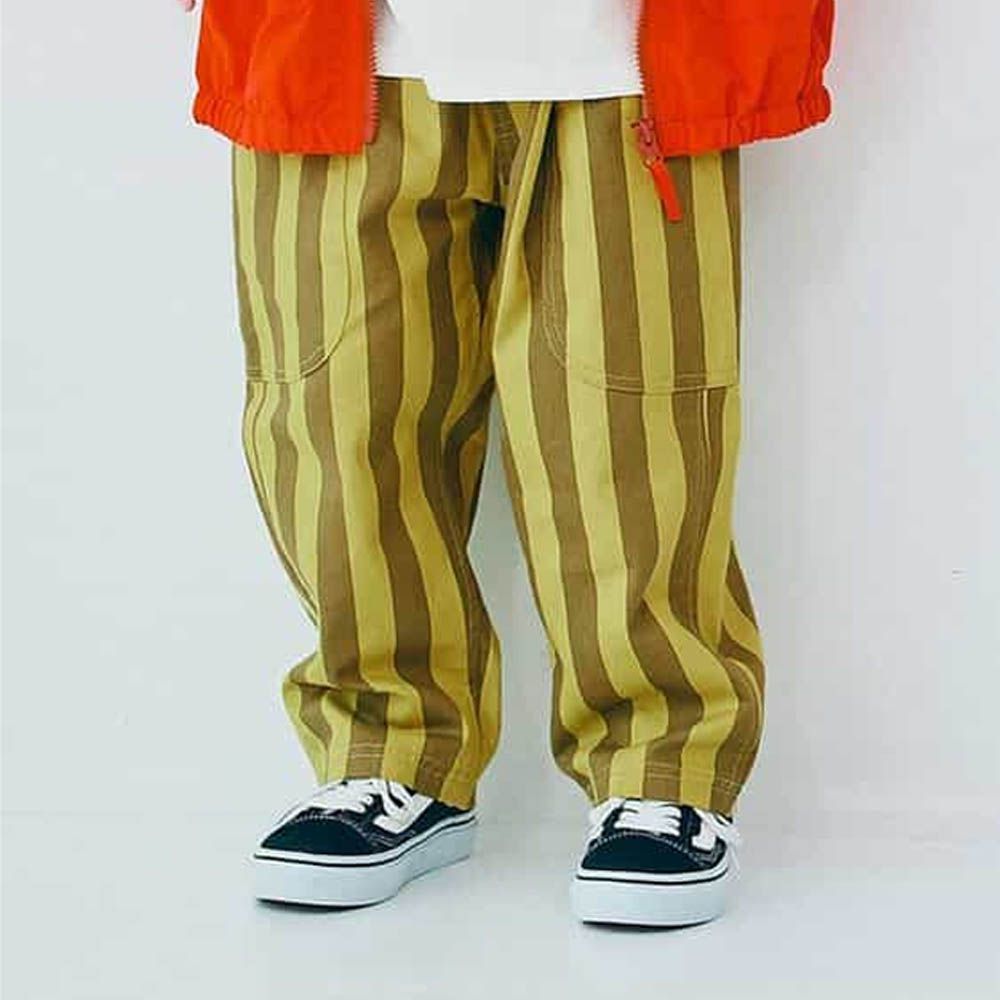 繽紛感印花斜紋布寬褲-條紋-芥黃X棕