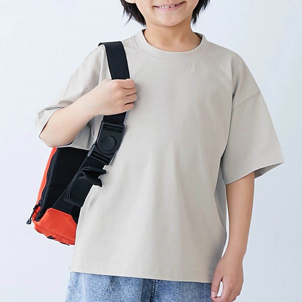 接觸涼感 落肩廓形素色短袖上衣-淺灰