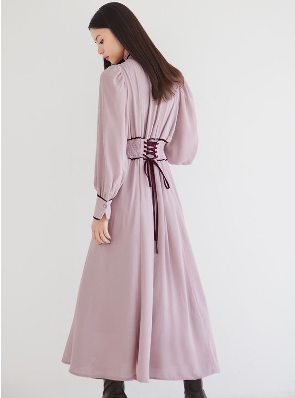 日本 GRL - 戀愛時光綁帶長袖洋裝-浪漫粉