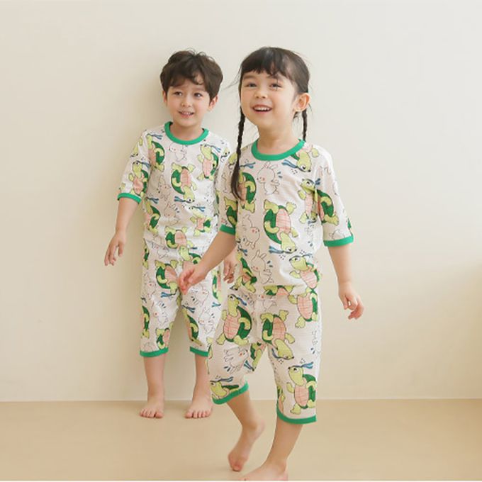 正韓 Puco - 超優質嬰幼兒/兒童七分袖100% 有機純棉家居服/睡衣-龜兔賽跑