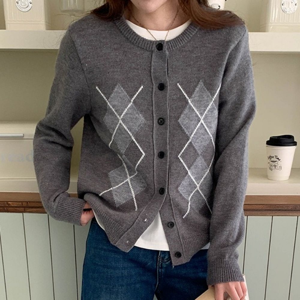 知性學院菱格單排扣針織外套-炭灰 (F)