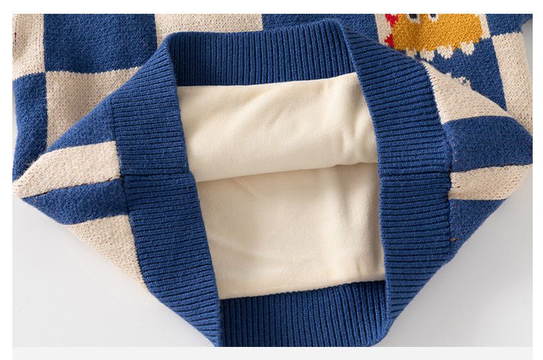 圓領保暖針織長袖上衣/毛衣-拼色格紋恐龍-藍色