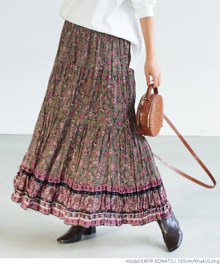 日本 COCA - 100%棉 春日優雅碎花長裙-大人-軍綠x粉紫