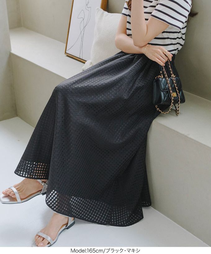 日本 Kobe Lettuce - 清爽透明格子鬆緊長裙(有口袋)-可選長度-海軍藍