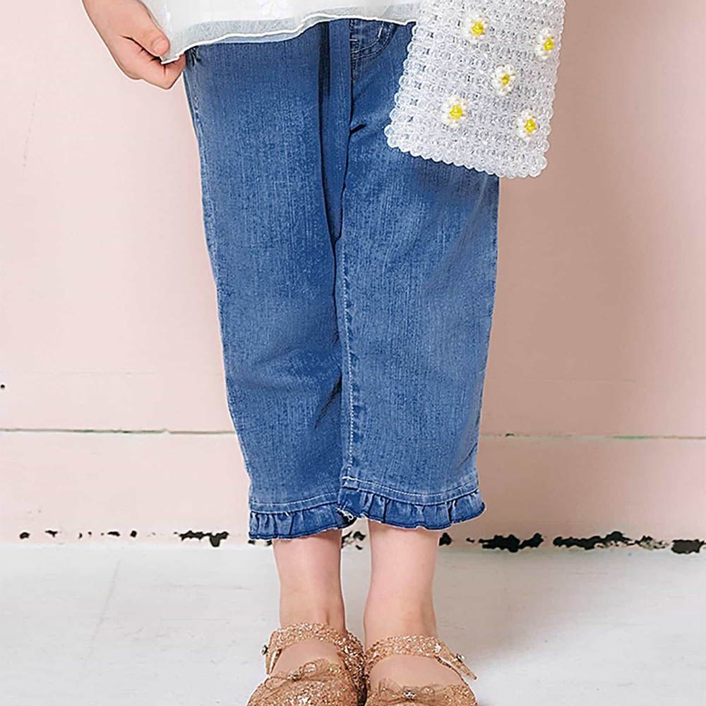 心型口袋小荷葉下襬8分褲-丹寧藍