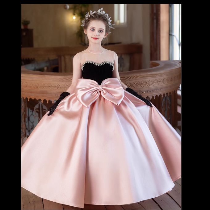 love, charlotte - 法式水鑽平口大蝴蝶結厚磅緞長禮服 - 黑粉色