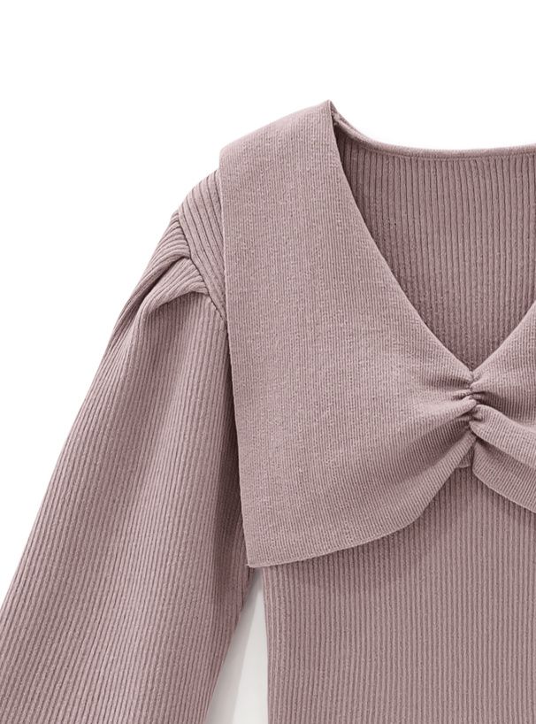 日本 GRL - 甜美V領抓皺羅紋彈性針織上衣-白