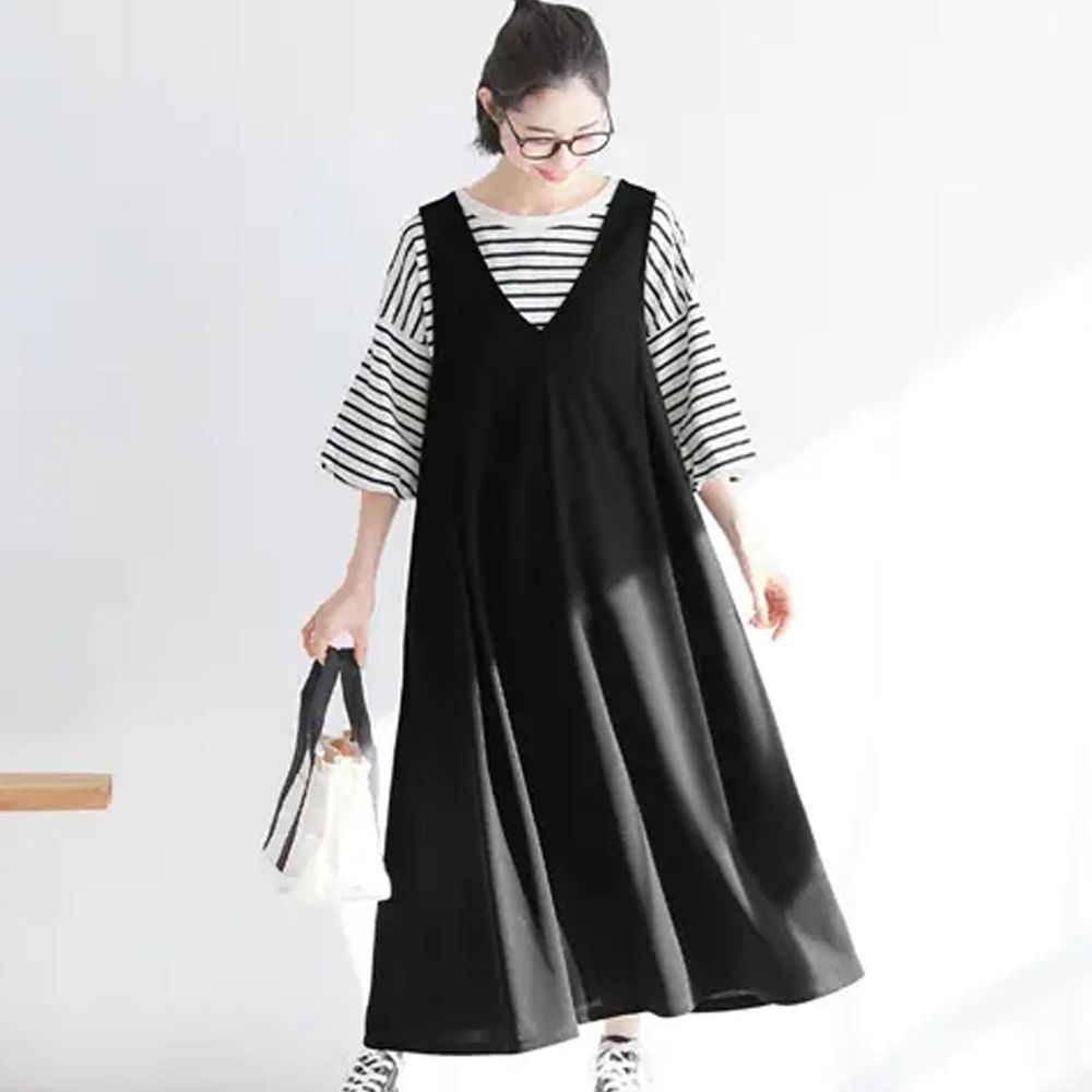 日本 BELLUNA - 防曬涼感 傘狀修身V領無袖連身裙-黑