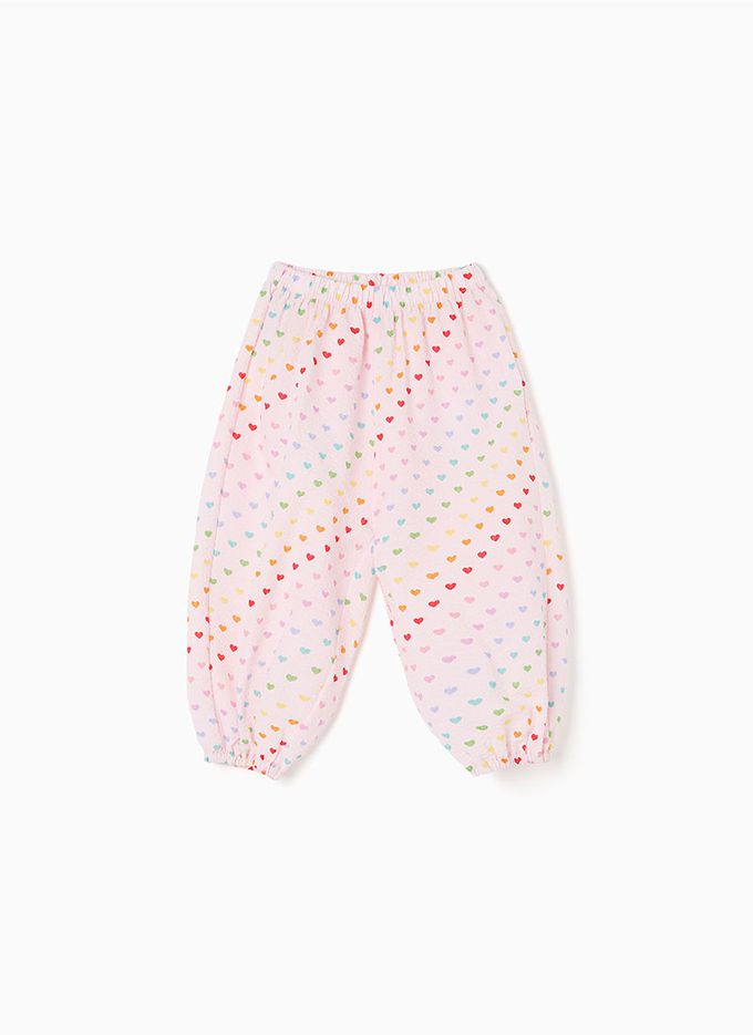 韓國 OZKIZ - 鬆緊腰滿版印花縮口防蚊褲-彩色愛心-淡粉