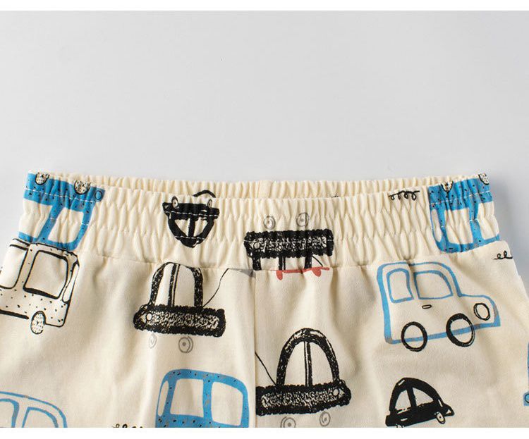 純棉腰鬆緊輕薄休閒短褲/家居褲-越野車車-米白色