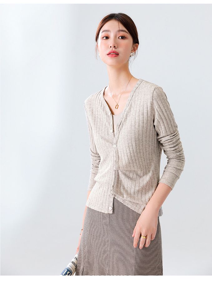 V領坑條紋針織開衫外套/上衣-粉色