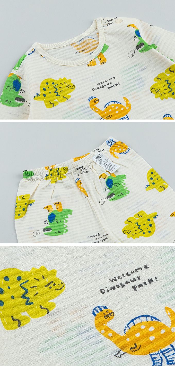 韓國 Cordi-i - 無螢光棉透氣緹花七分袖家居服-恐龍世界-米