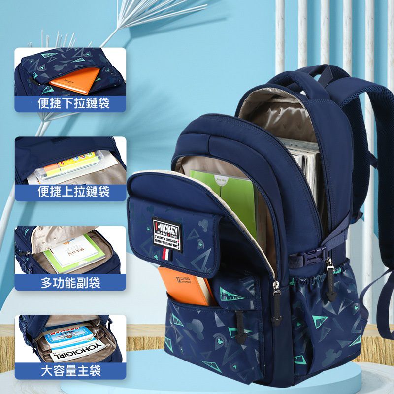 大容量減壓書包-裝飾MICKEY標籤-藍色 (建議身高110-150cm)