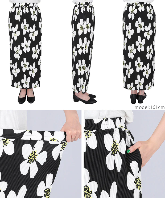 日本 COCA - 熱情花朵細摺長裙-黑底白花