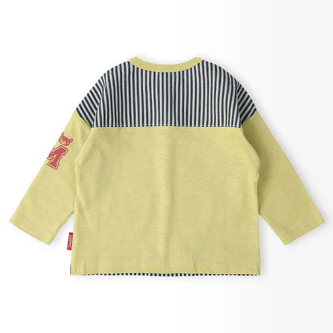 日本 ZOOLAND - 春季拼接風長袖上衣-滑板車小熊-水藍