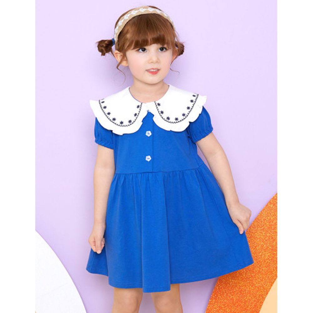 韓國 WALTON kids - 刺繡小花領洋裝-藍