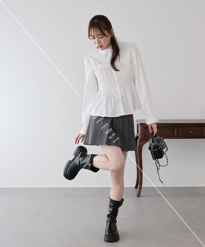 日本 BLUE EAST - 小立領荷葉皺摺束腰長袖襯衫-白