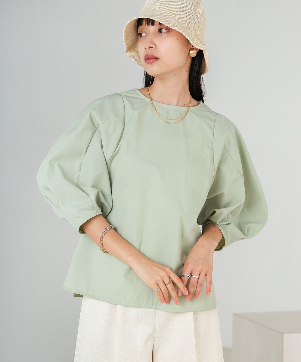 日本 Bab - 圓領百搭氣球袖上衣-淺綠