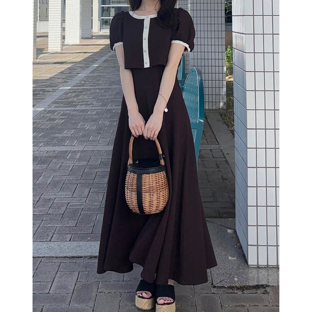 氣質滾邊配色細肩帶洋裝+開襟衫(2件組)-咖啡 (F)