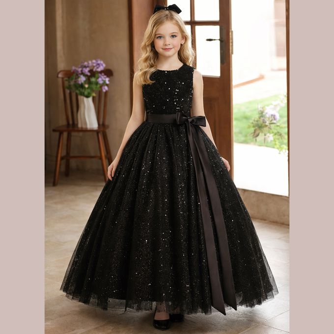 love, charlotte - 優雅刺繡亮片亮片灑粉網紗裙無袖長禮服 - 黑色