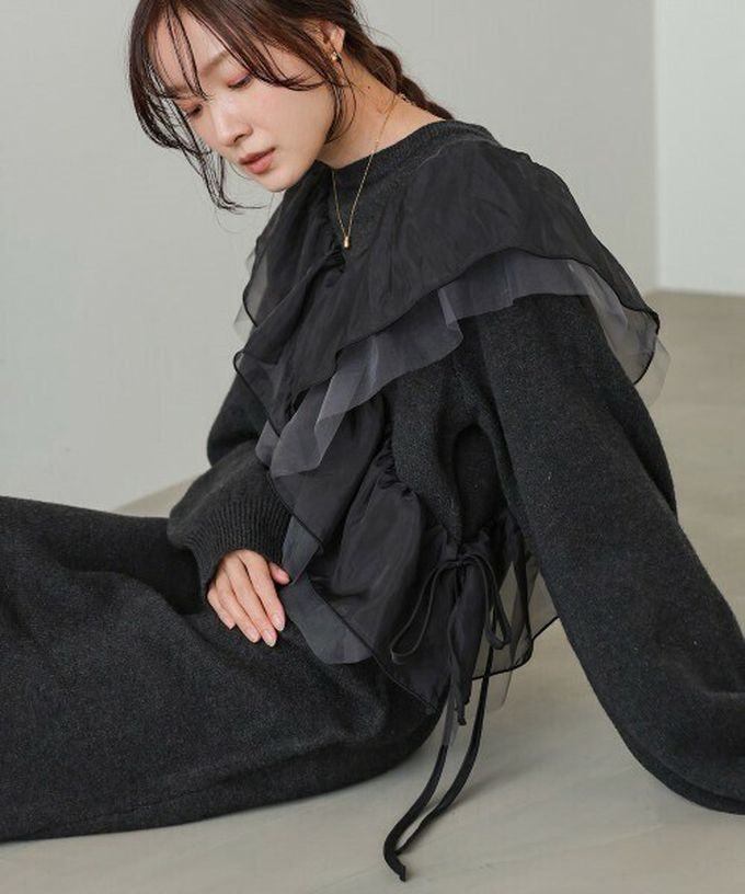 日本 Bab - 交叉薄紗荷葉柔美針織長袖洋裝-黑