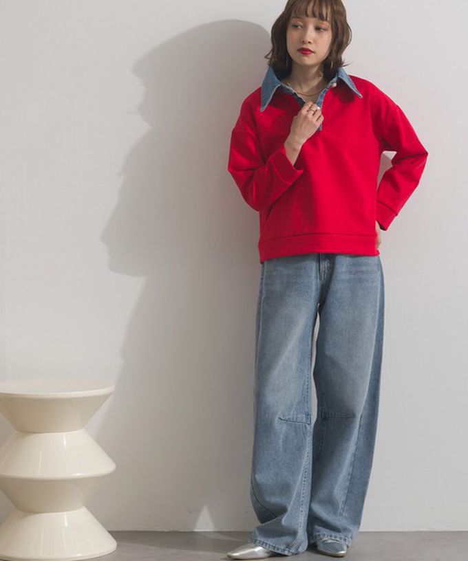 日本 ELENCARE DUE - 牛仔領層次感厚磅休閒長袖上衣-紅
