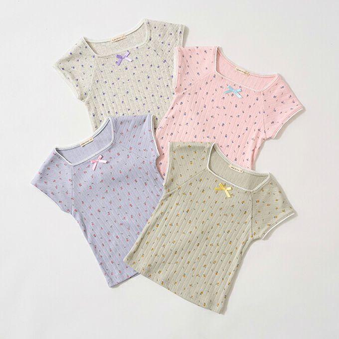 日本 Lycee mine - 100%棉 印花蕾絲滾邊短袖上衣-藍紫